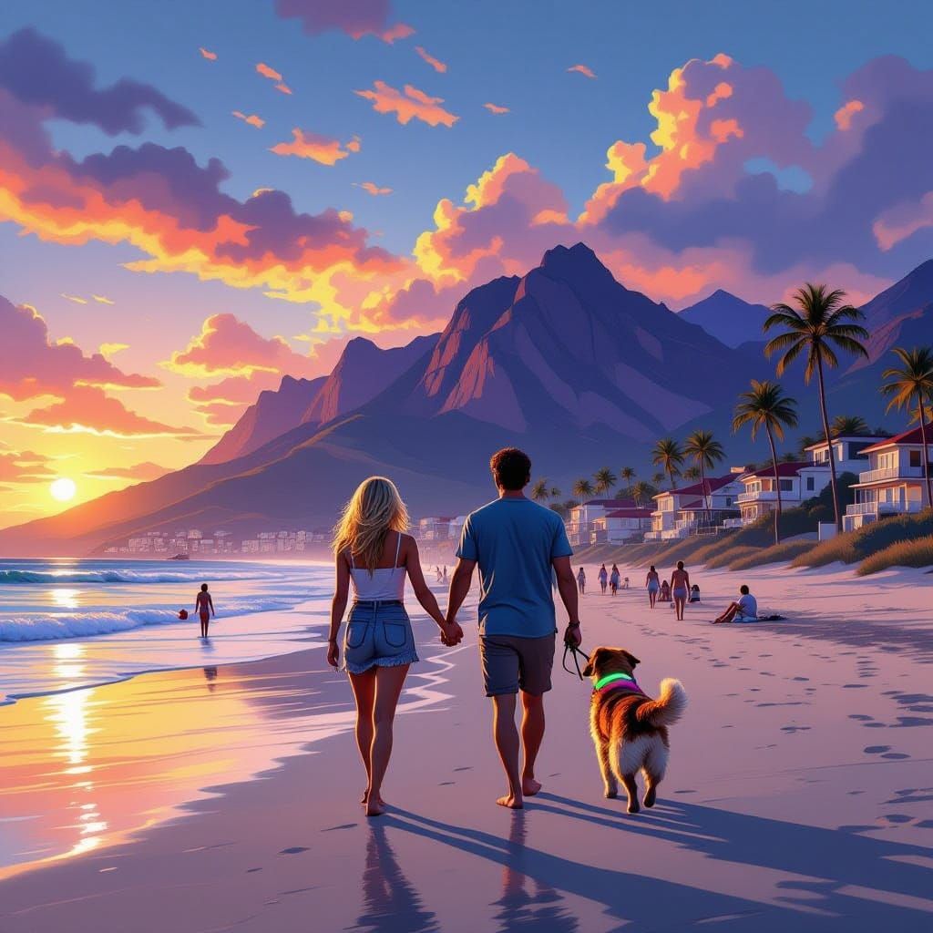 Couple Walking Along Beach at Sunset in Detailed Matte Paint...