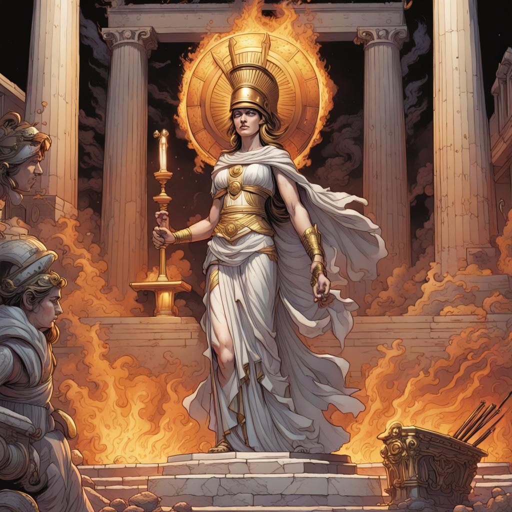 Athena Statue in Greek Temple with Bonfire, Comic Art