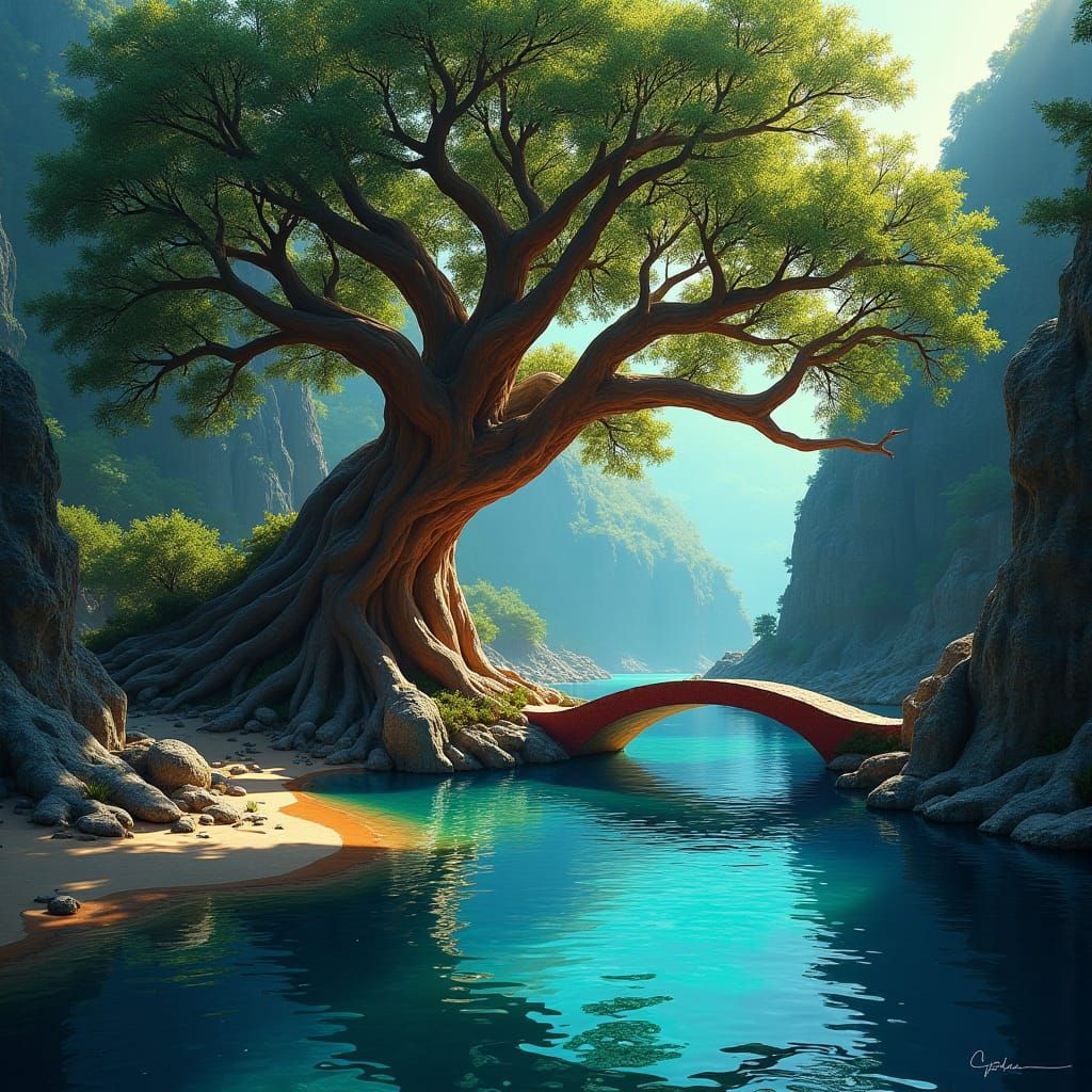 Majestic Tree with Colorful Bridge and Ethereal Flame
