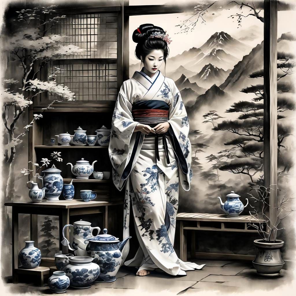 Geisha Prepares Tea: Sumi-e Ink Painting