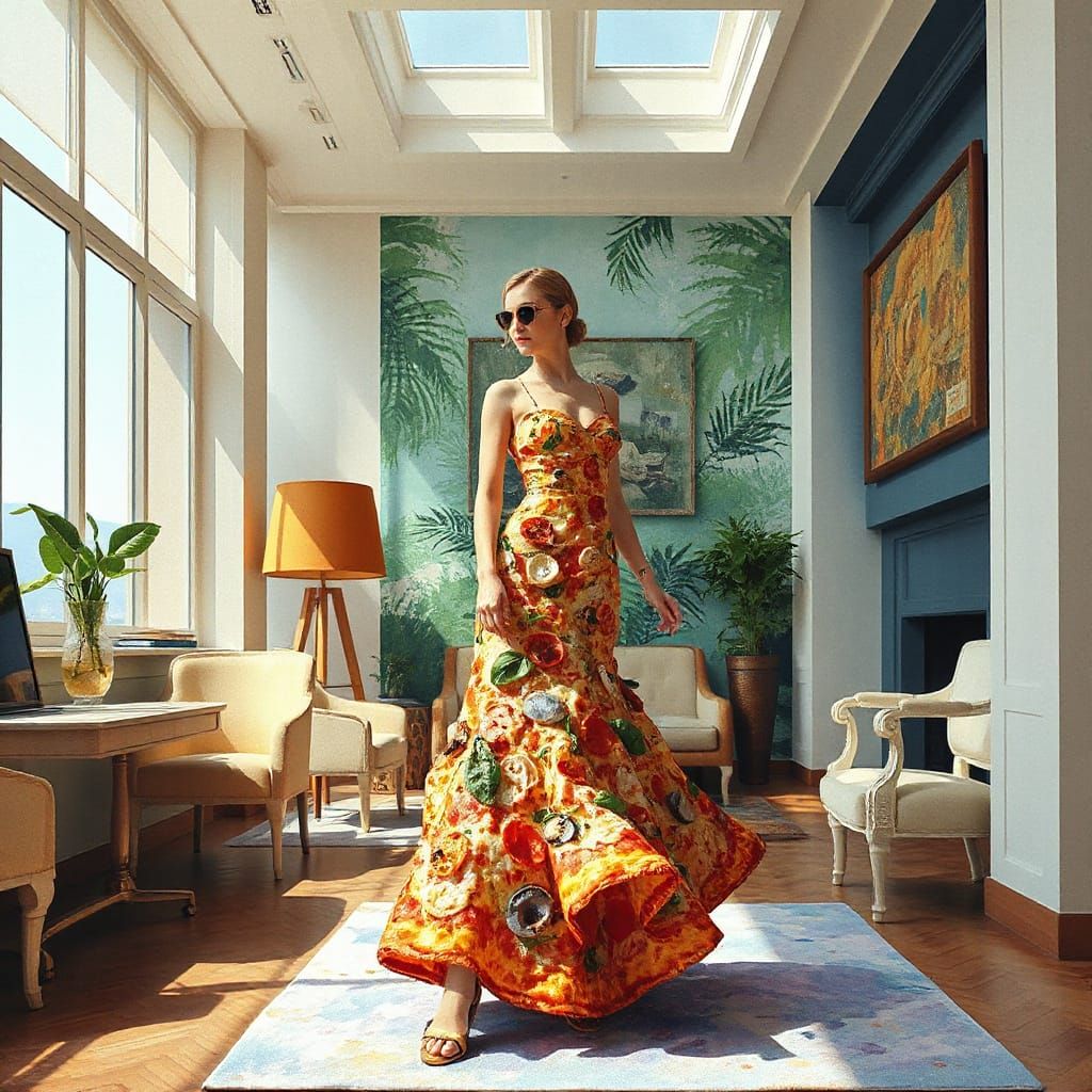 Pizza Gown Fashionista on Pizza Catwalk, Gouache Style
