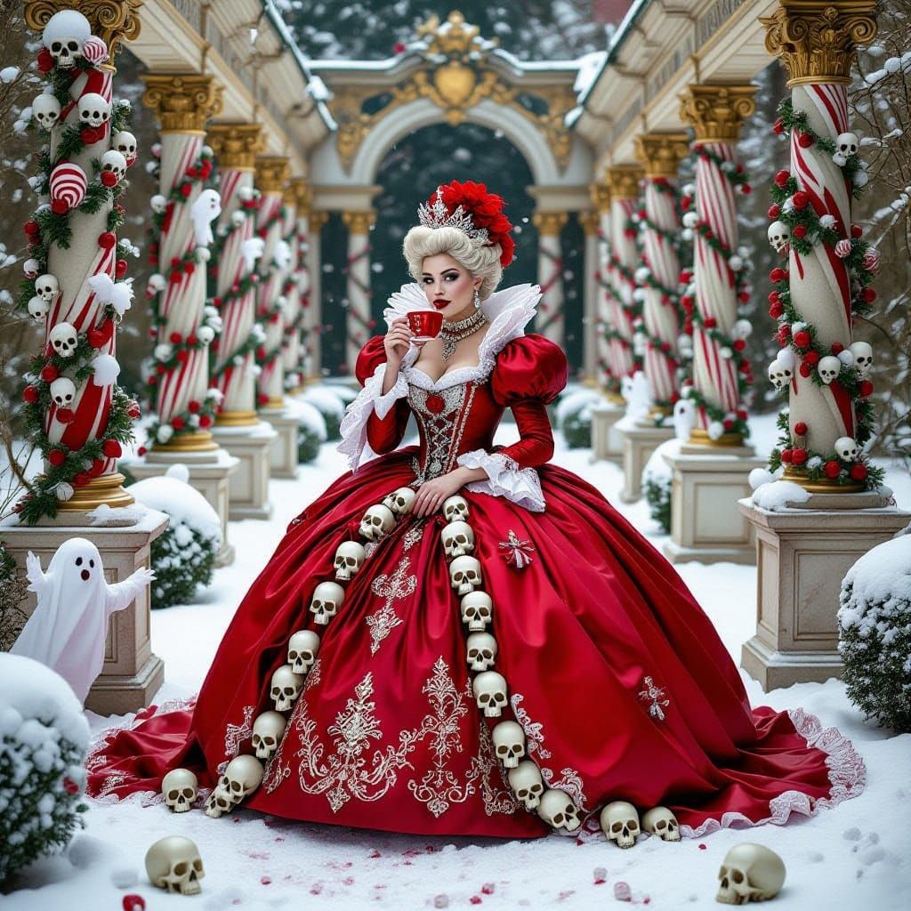 Rococo Queen's Bizarre Decadence in Pastel Horror