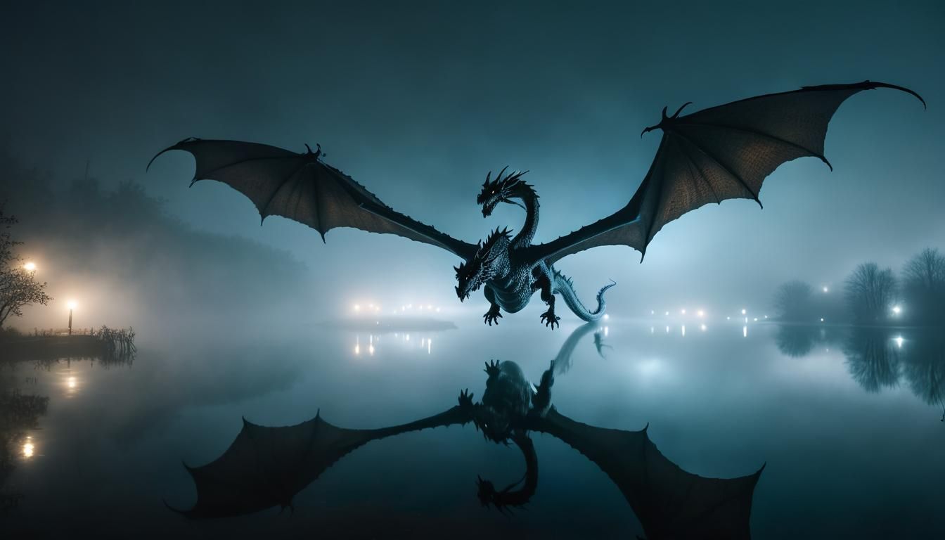 Dragon Flight Over Misty Lake in Dark Night