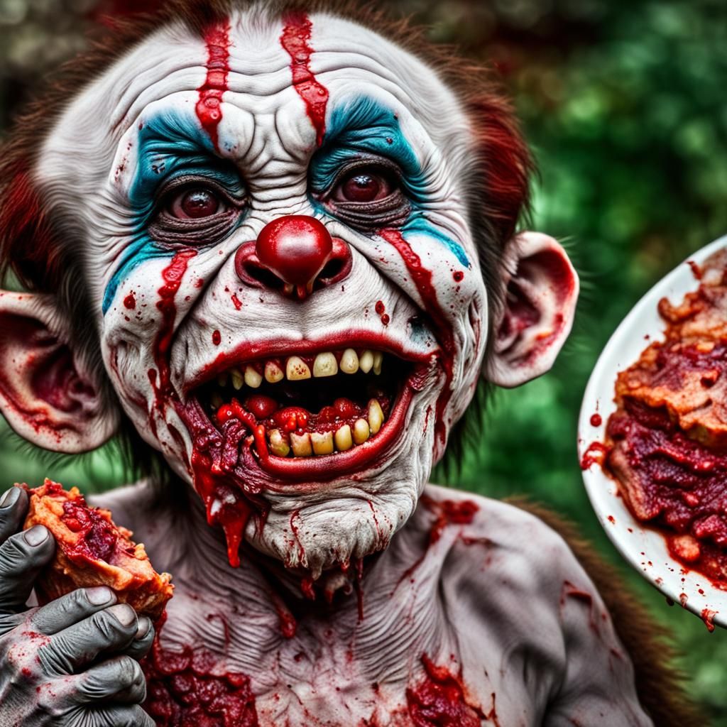 Hyperrealistic Zombie Clown Monkey Eating Raw Meat
