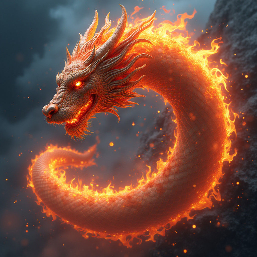 Majestic Fire Serpent with Lion Face in Fiery Vortex