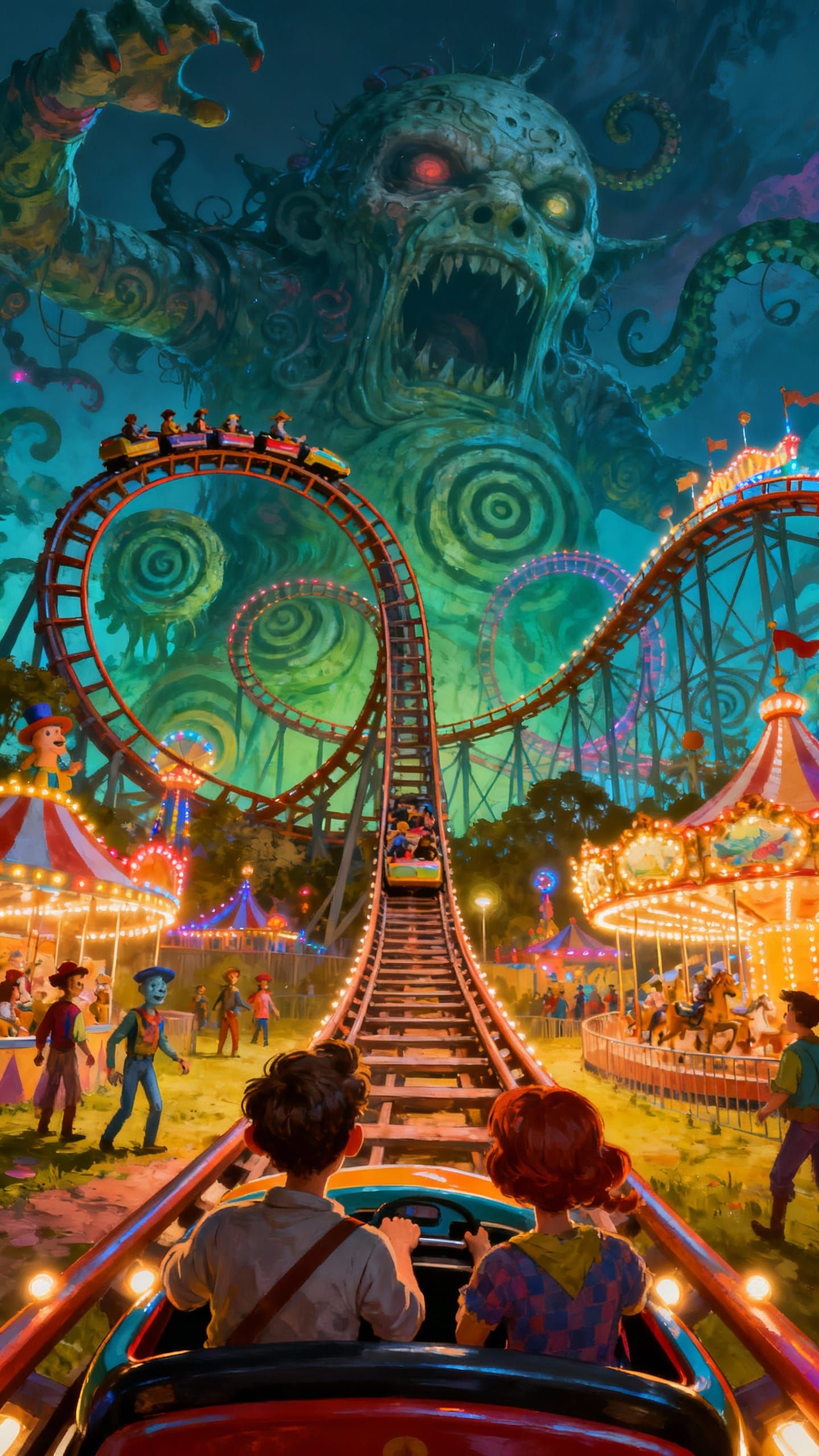 Surreal Rollercoaster Ride Through Whimsical Carnival Landsc...