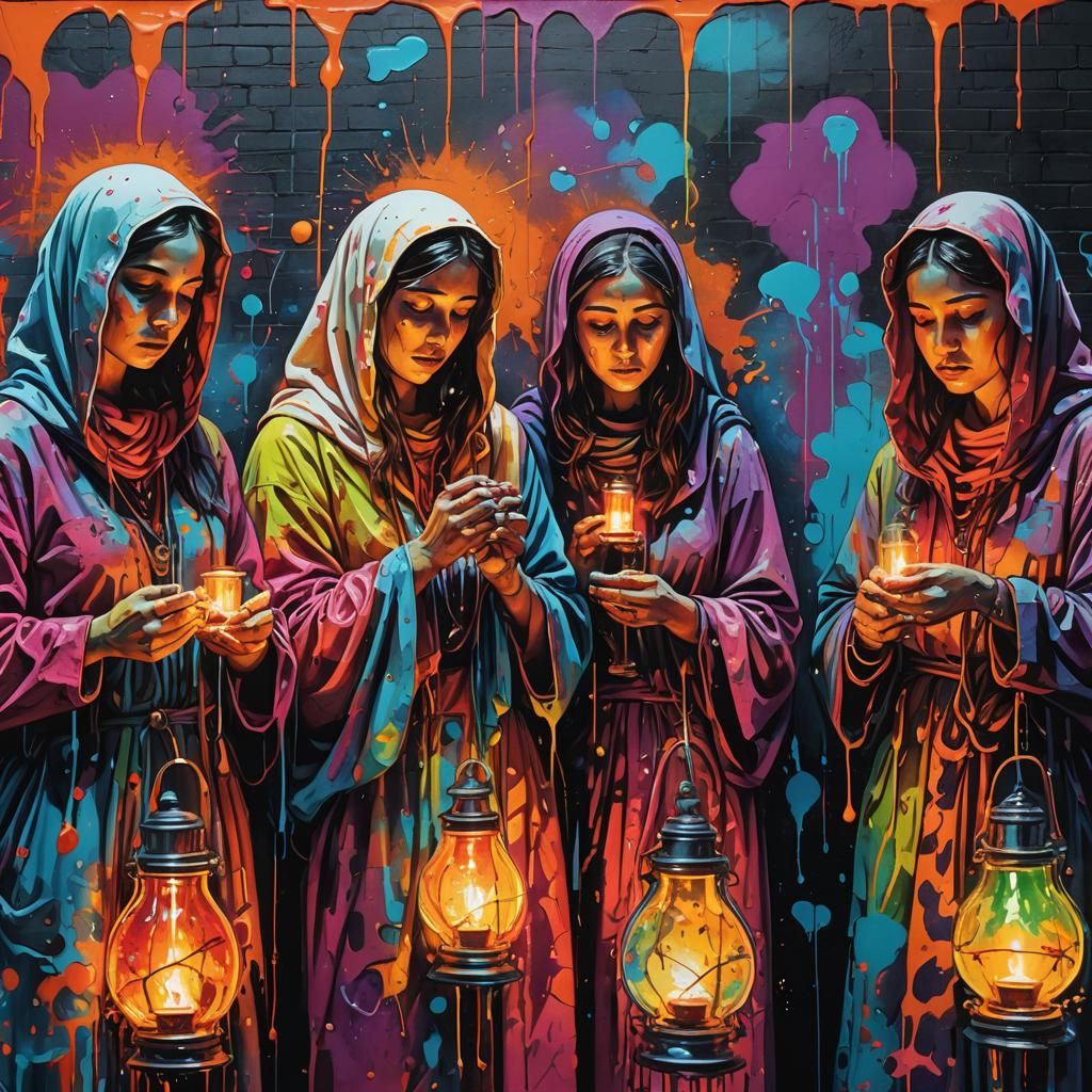 Virgins with Lamps in Graffiti Street Art Style