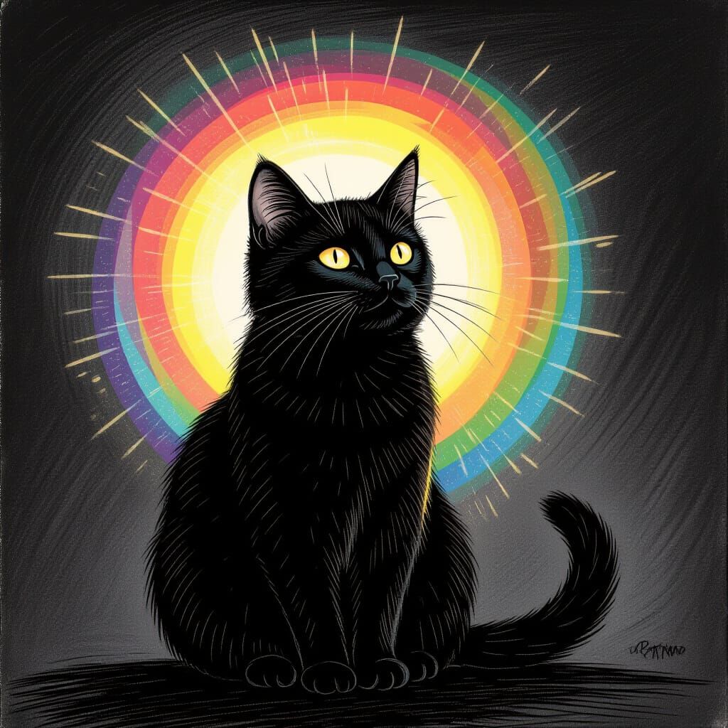 Sweet Black Cat with Spiritual Aura, Charcoal Drawing