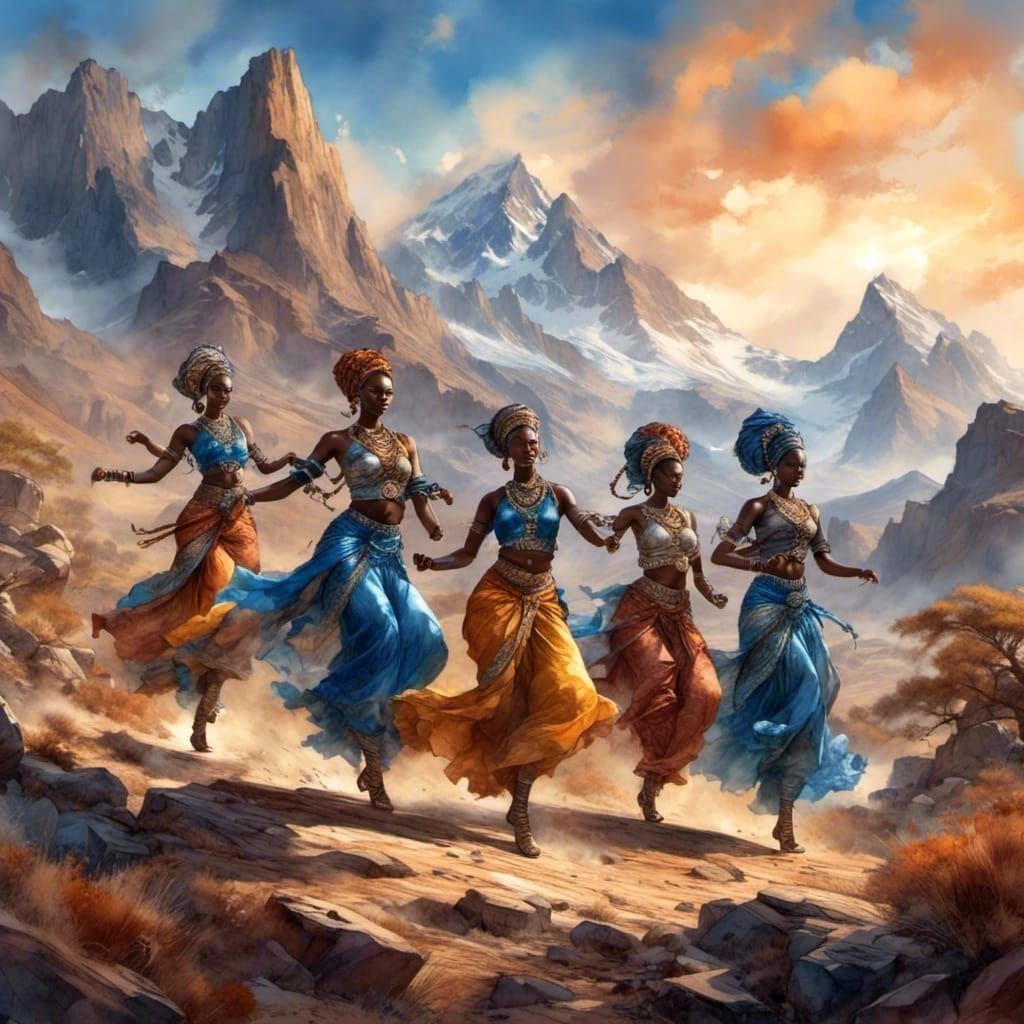 African Dance on Mountain Peak in Detailed Digital Art
