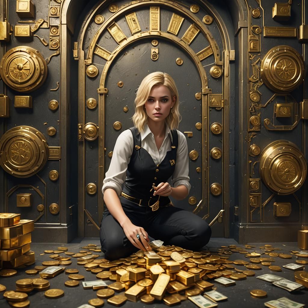 Blonde Woman Counting Gold in Vault, Matte Painting