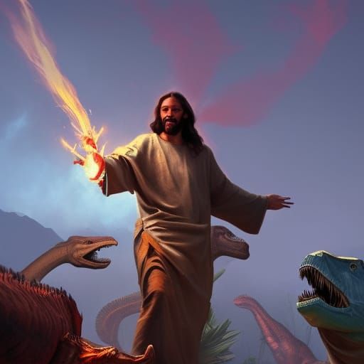 Jesus Blasting Dinosaurs with Fire Magic