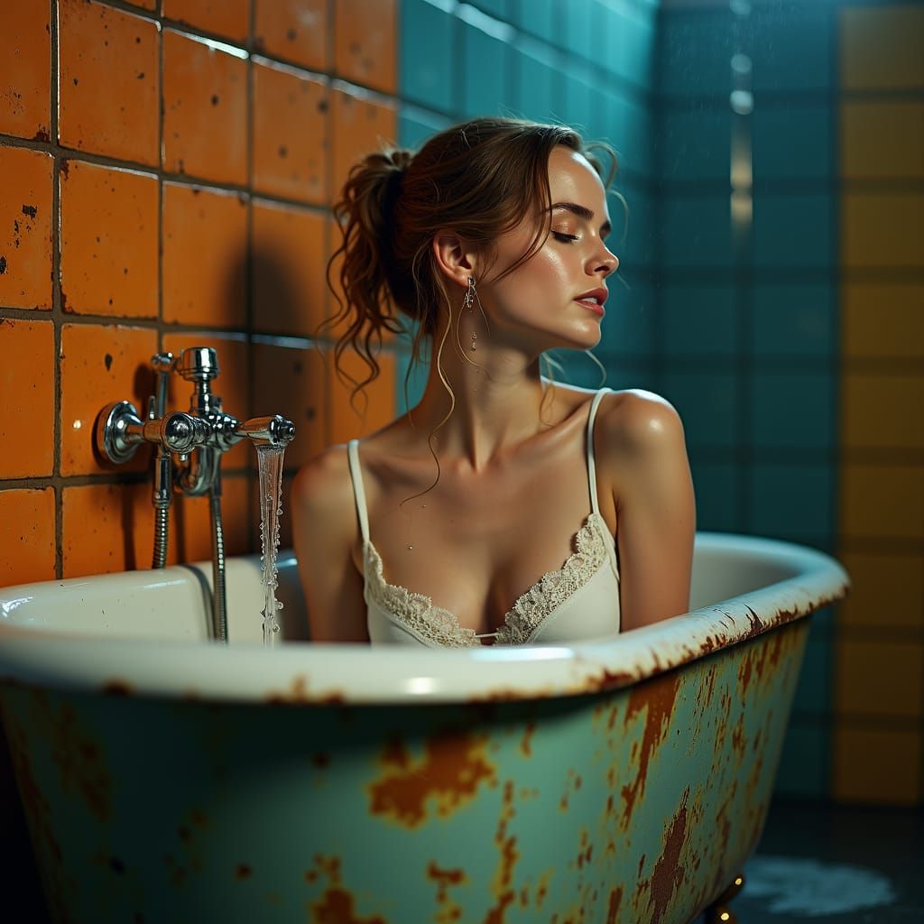 Emma Watson in Antique Tub, Hyperrealistic Film Noir