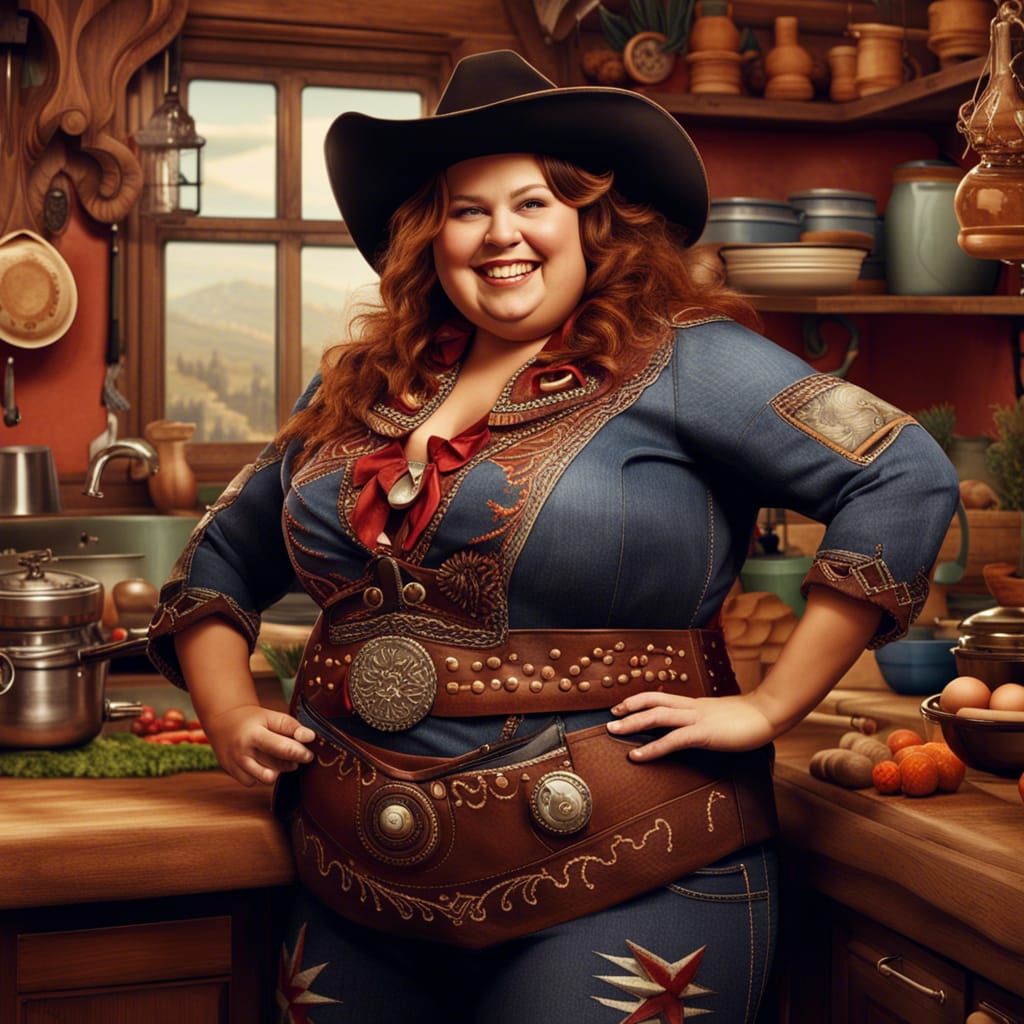 Chubby Cowgirl in Detailed Kitchen, Matte Painting