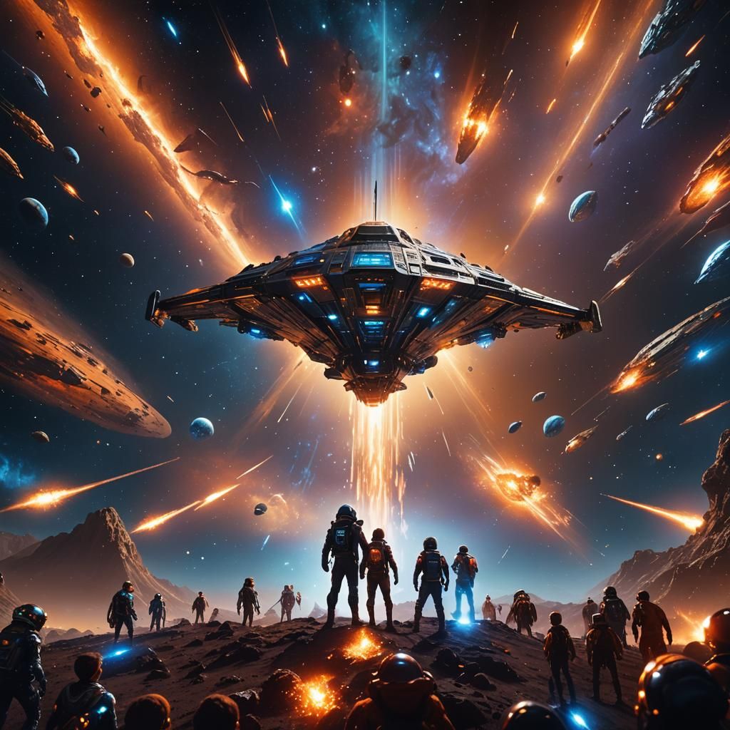 Children Gaze at Spaceship in Surreal Nebula