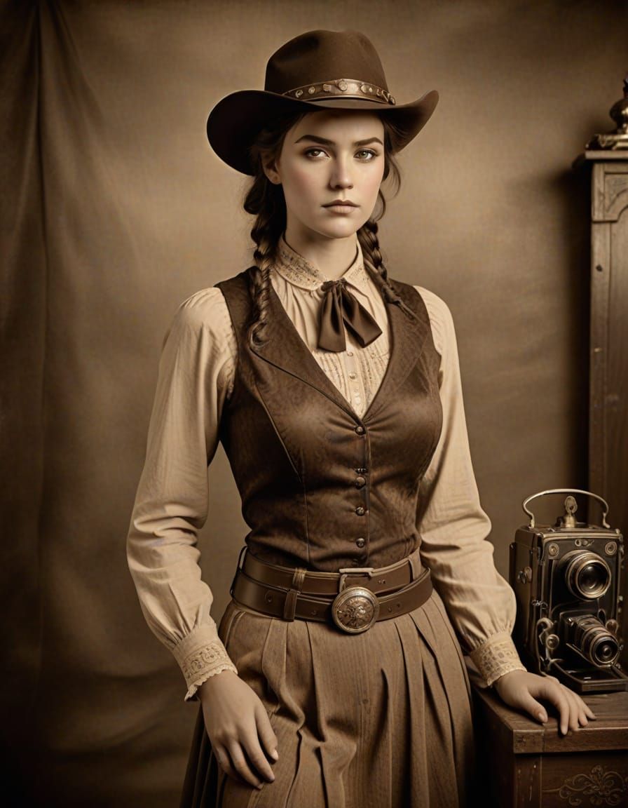 Vintage Sepia Photograph of Female Gunslinger