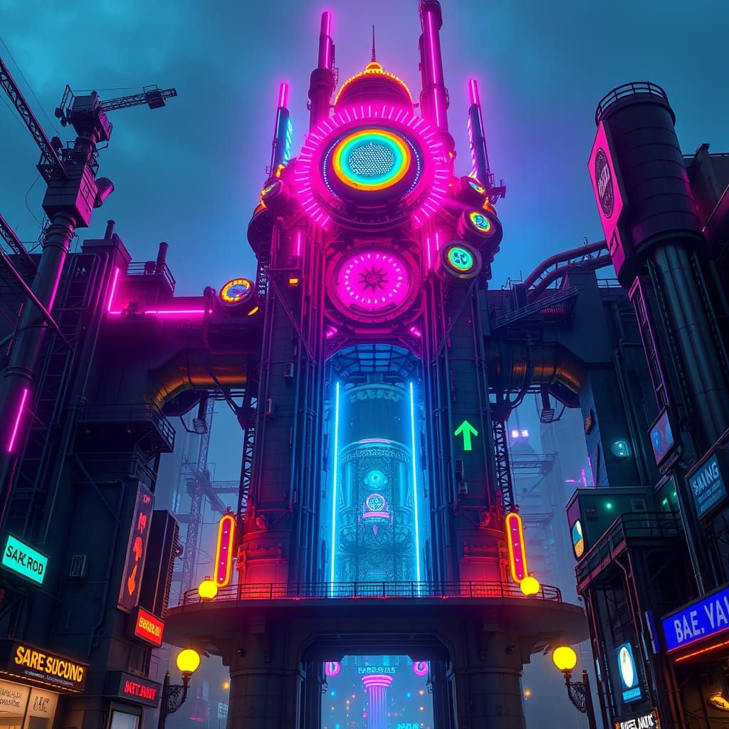 Vibrant Steampunk Metropolis in Neon Glory