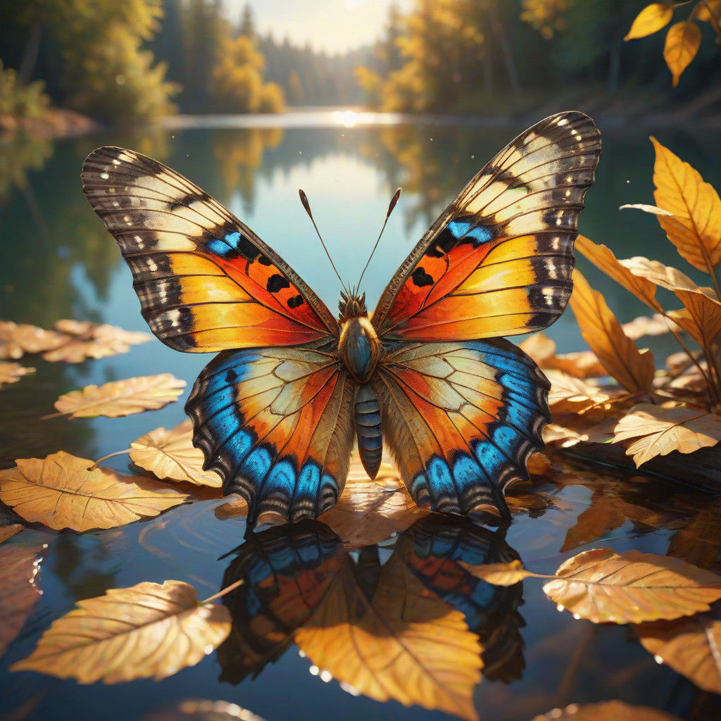 Hyperrealistic Butterfly Nestled Among Autumn Leaves
