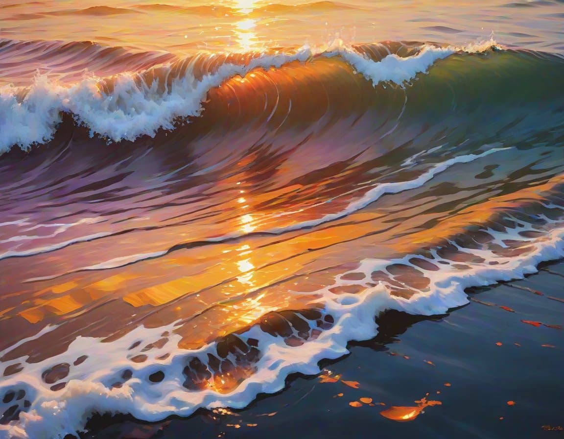 Stunning Oil Painting of a Serene Sunset Wave