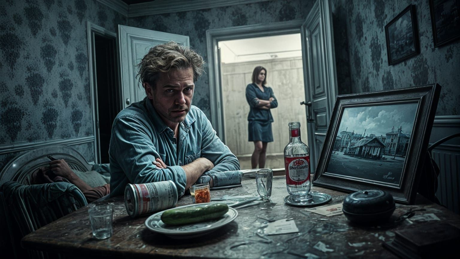 Intense Soviet Apartment Scene in Hyperrealistic Style