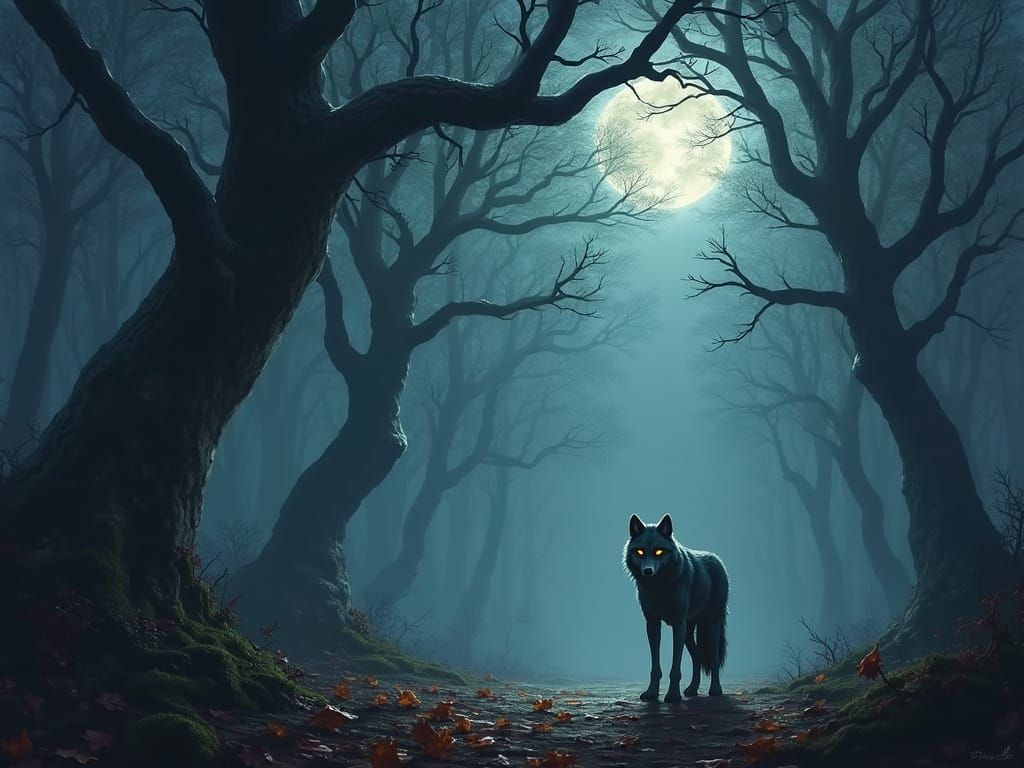 Lone Wolf in Haunted Forest Digital Painting