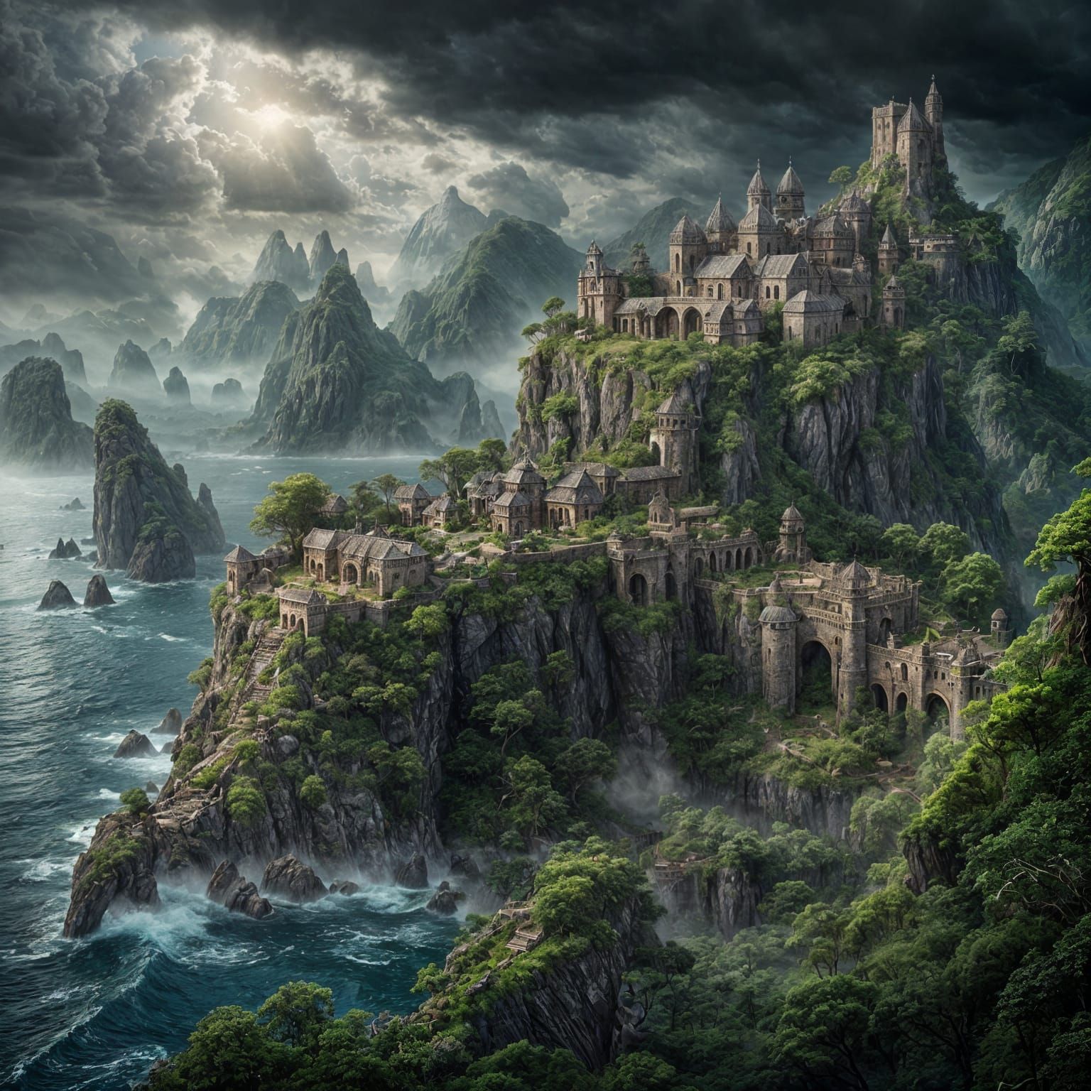 Elven Village Ruins on Sea Cliff in Dark Fantasy Style