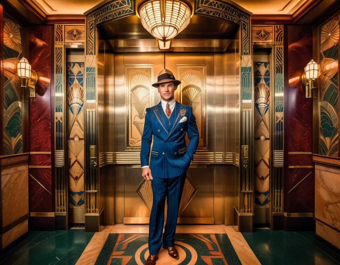 Art Deco Elevator Scene with Man in 1930s Suit