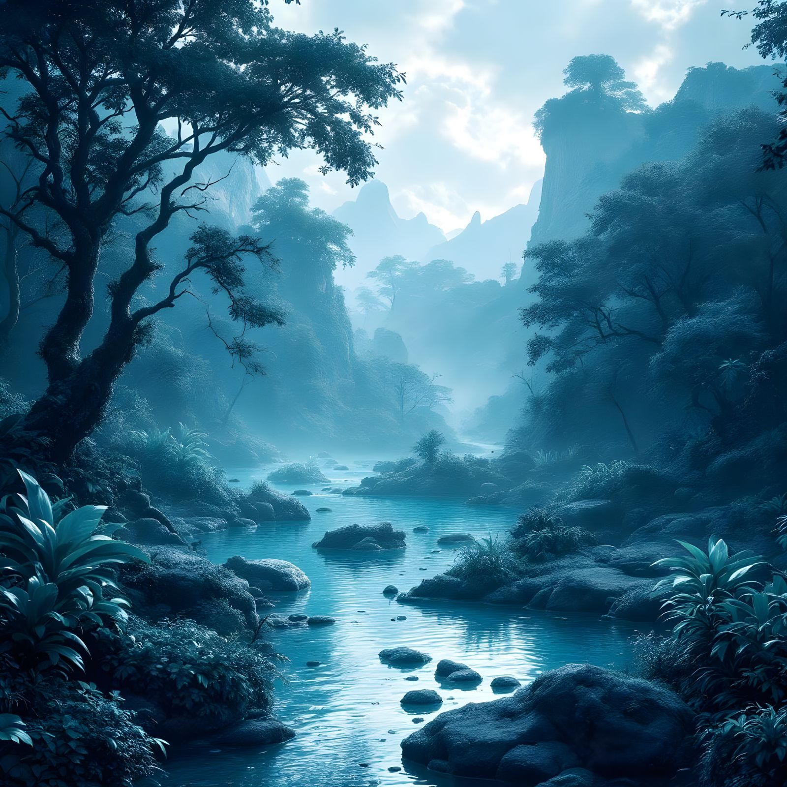 Turquoise Jungle River: 3D Diorama in Fantasy Art Style