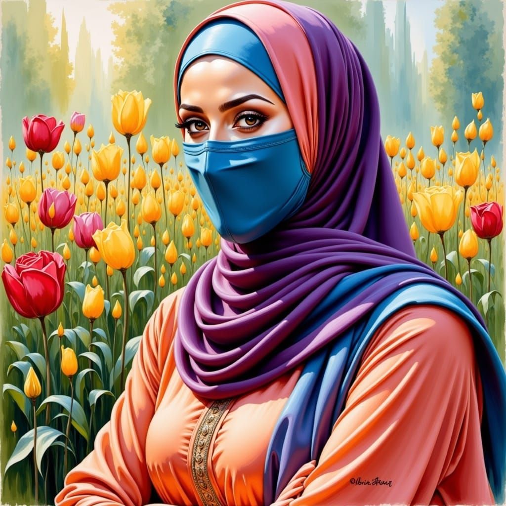 Elegant Woman with Hijab in Impressionistic Style