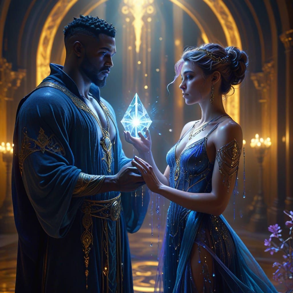 Dark Fantasy Couple Embracing Over a Glowing Crystal