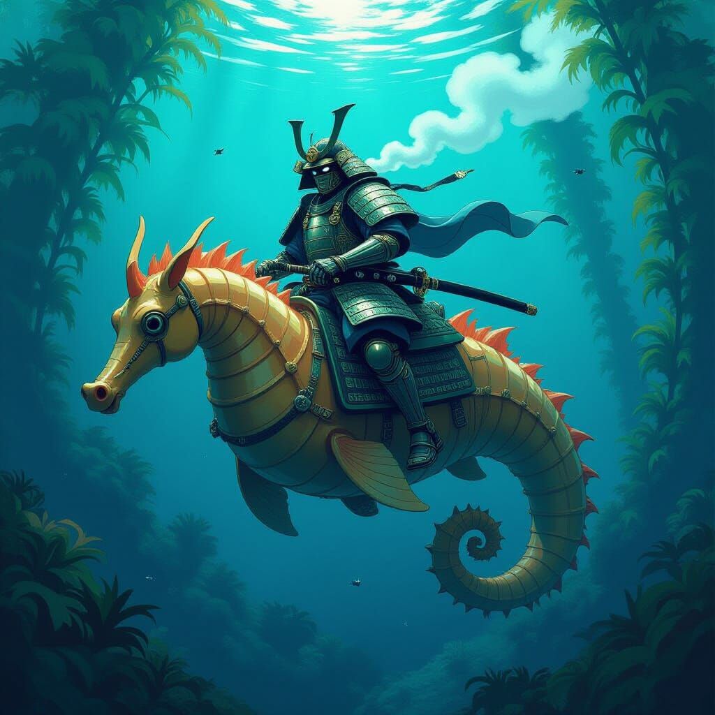 Bioluminescent Samurai Rides Seahorse Through Kelp Forest