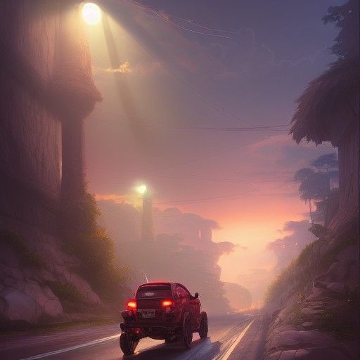 Dramatic Night Road View: Photorealistic Concept Art