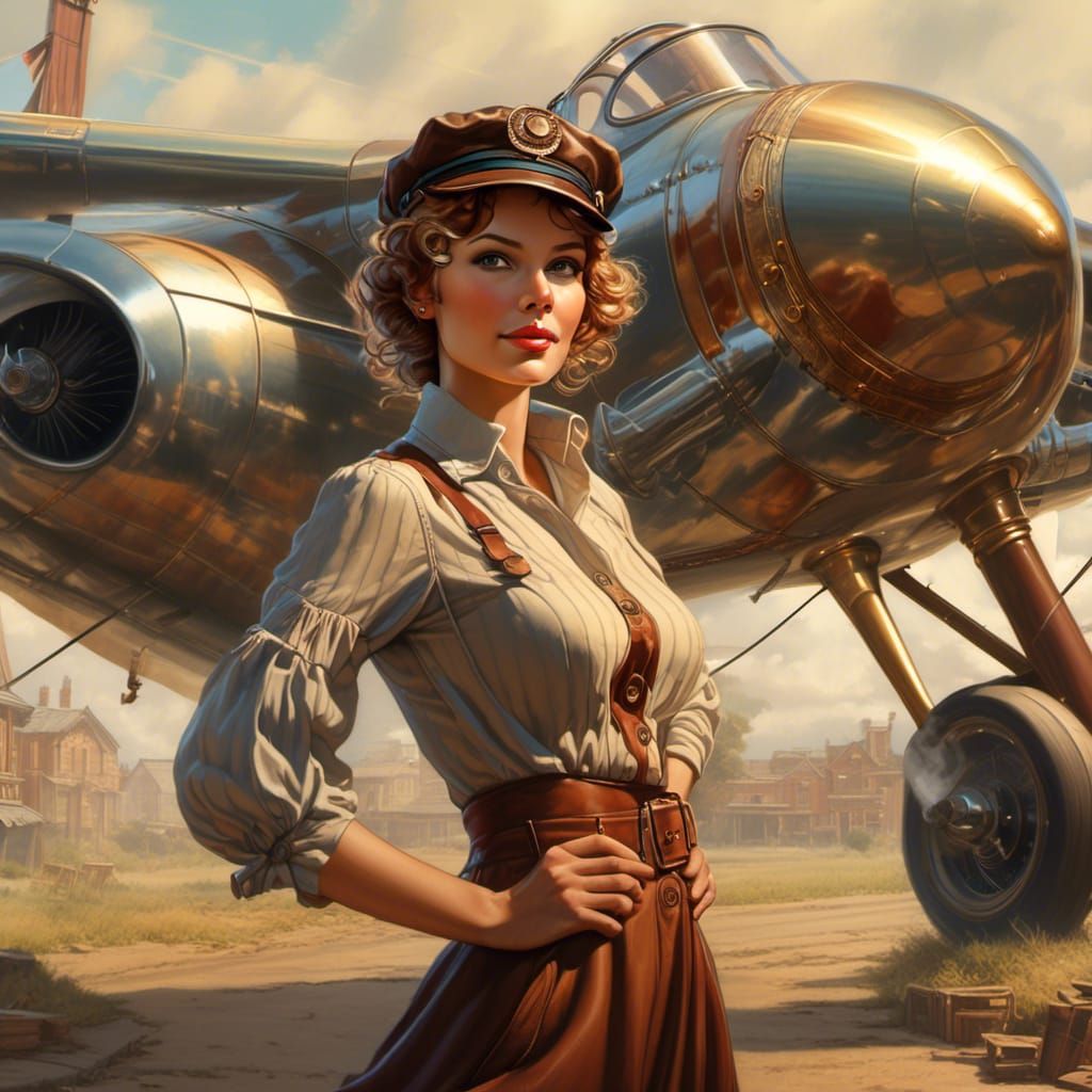 Amelia Earhart Flies in Rococo Steampunk Style