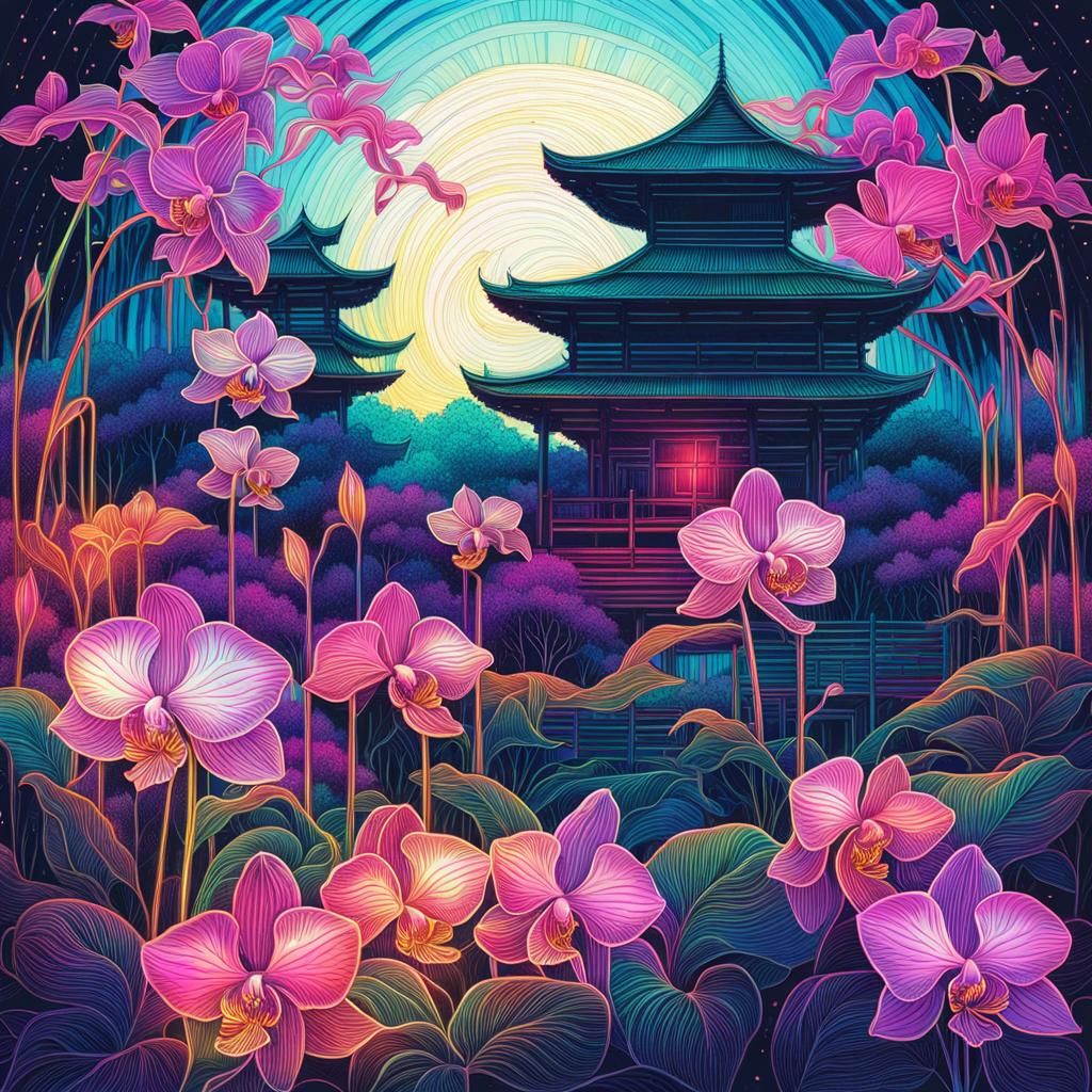 Holographic Bioluminescent Orchid Flower Bed in Japanese Sty...