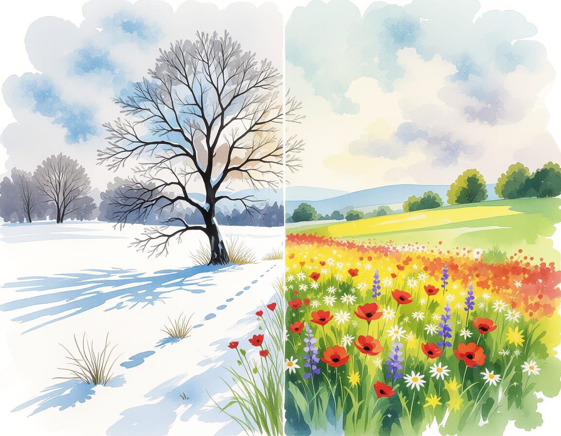 Seasonal Watercolour Landscape Art with Winter to Summer