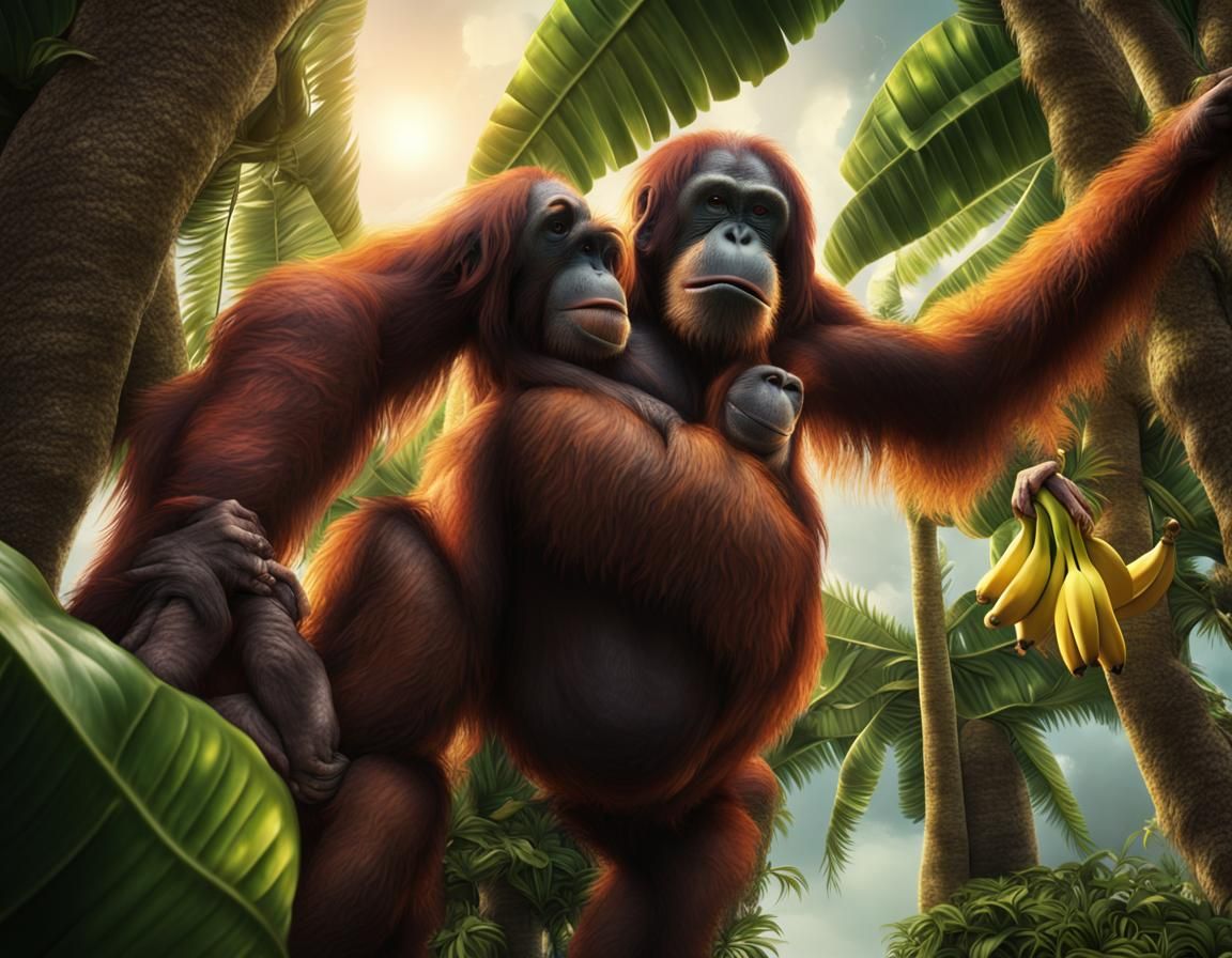 Big Belly Orangutan Gazing at Banana Trees