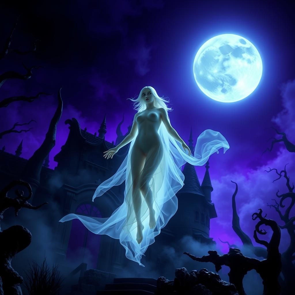 Glowing Female Ghost Exits Haunted Manor at Midnight