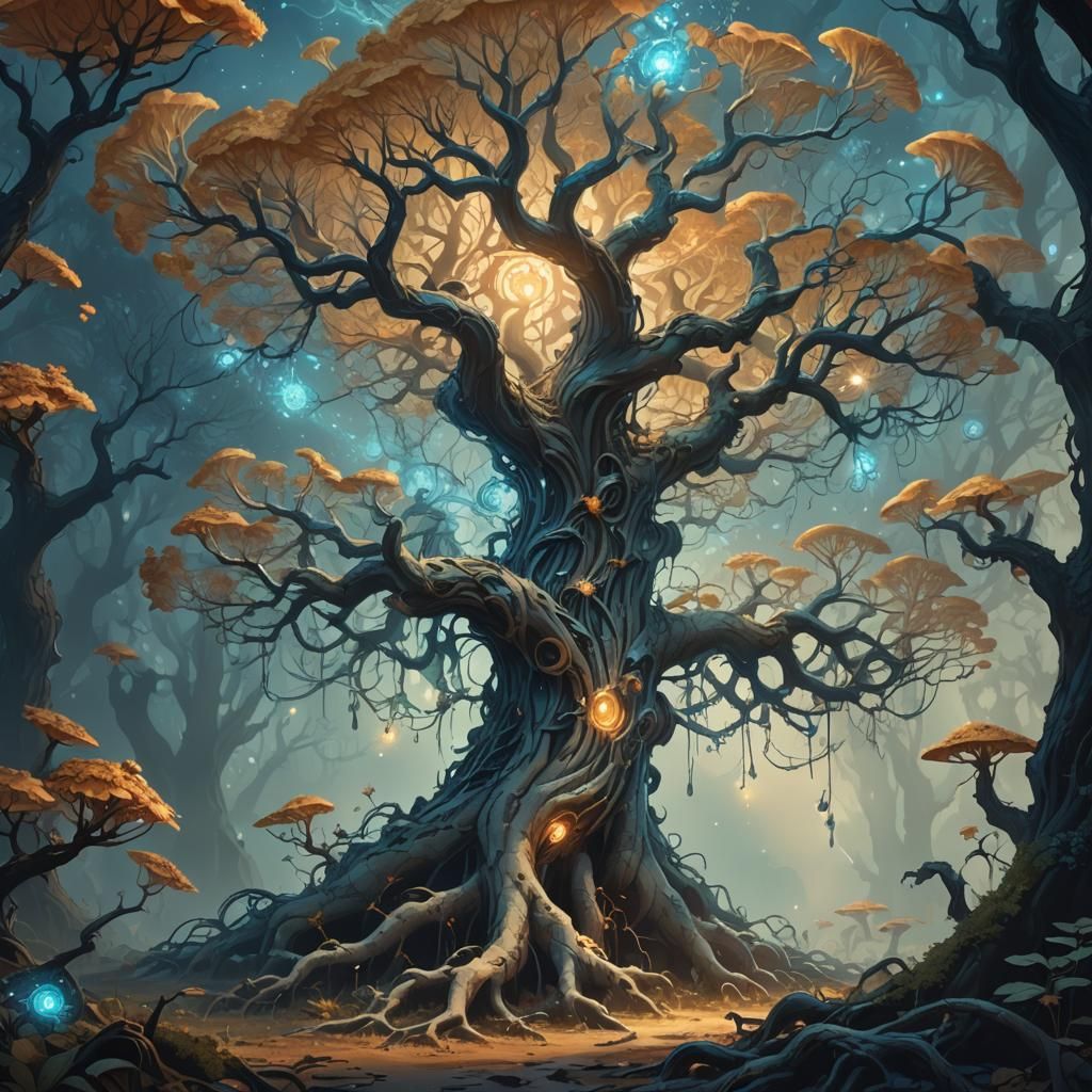 Mystical Tree in a Golden Mist: Digital Art