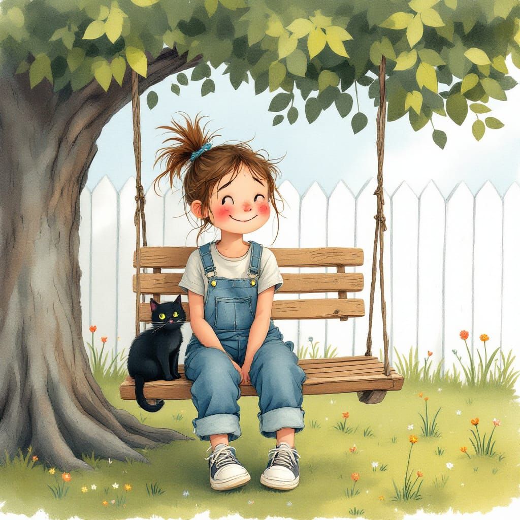 Tomboy on Swing with Black Cat, Beatrix Potter Inspired