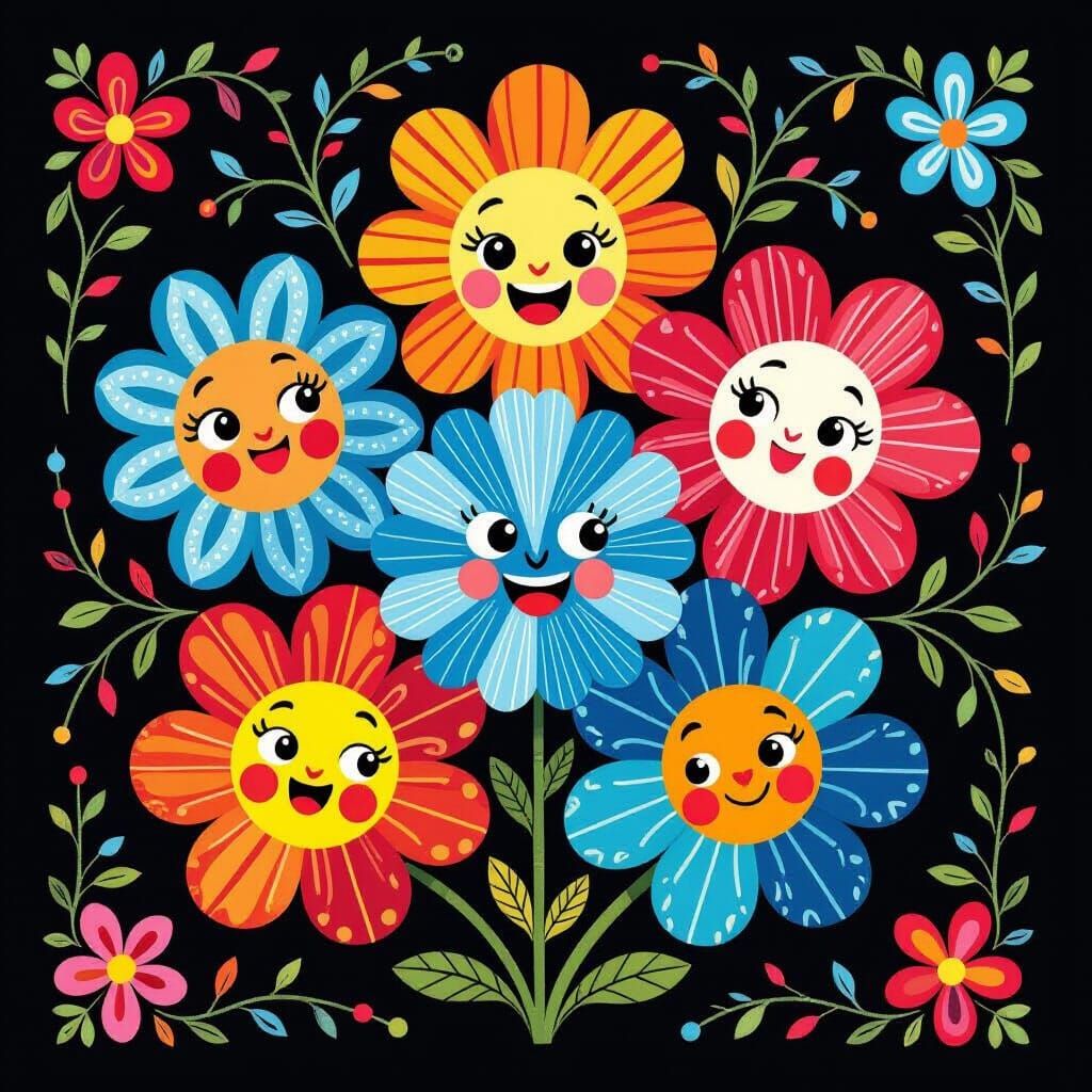 Whimsical Flowers with Faces in Vibrant Colors