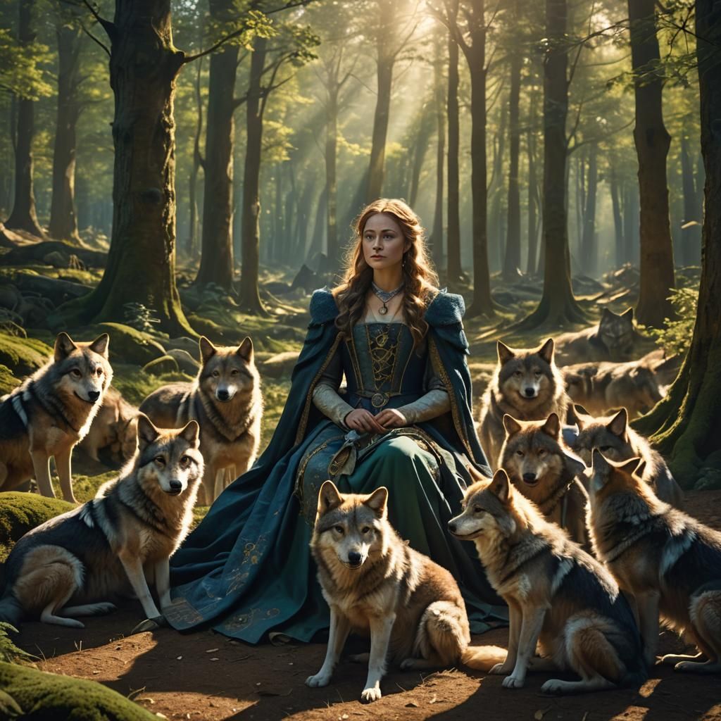 Medieval Lady and Wolves in Sunlit Forest