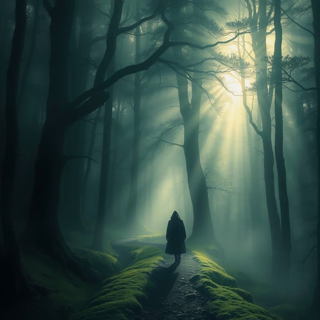 Mysterious Foggy Forest with Lone Figure