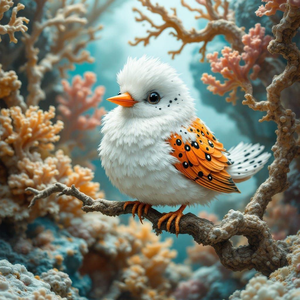 Whimsical Bird on Coral Branch, Dreamy Art