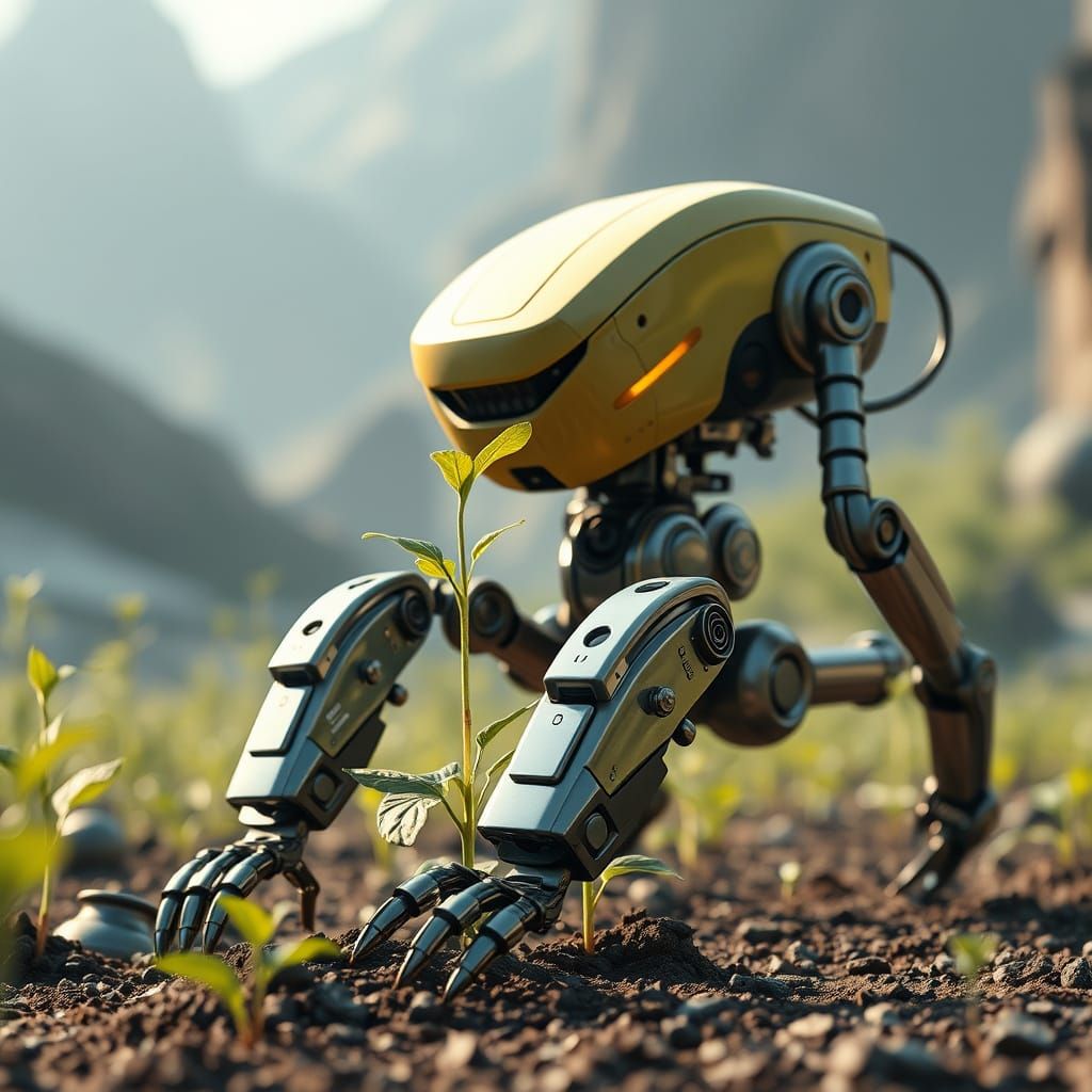 Futuristic Robot Plants Seeds in Sci-Fi Nature Blend