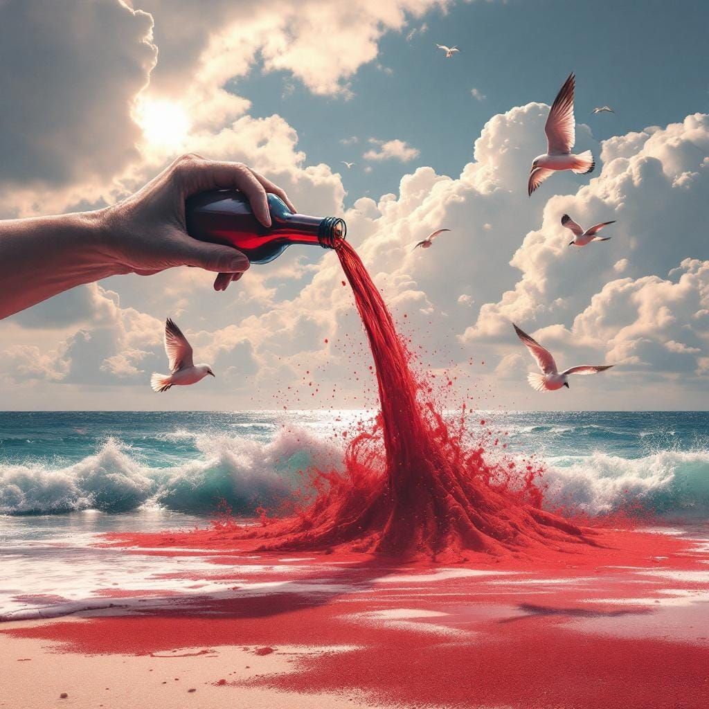 Colossal Hand Spills Wine on Beach in Dreamlike Art