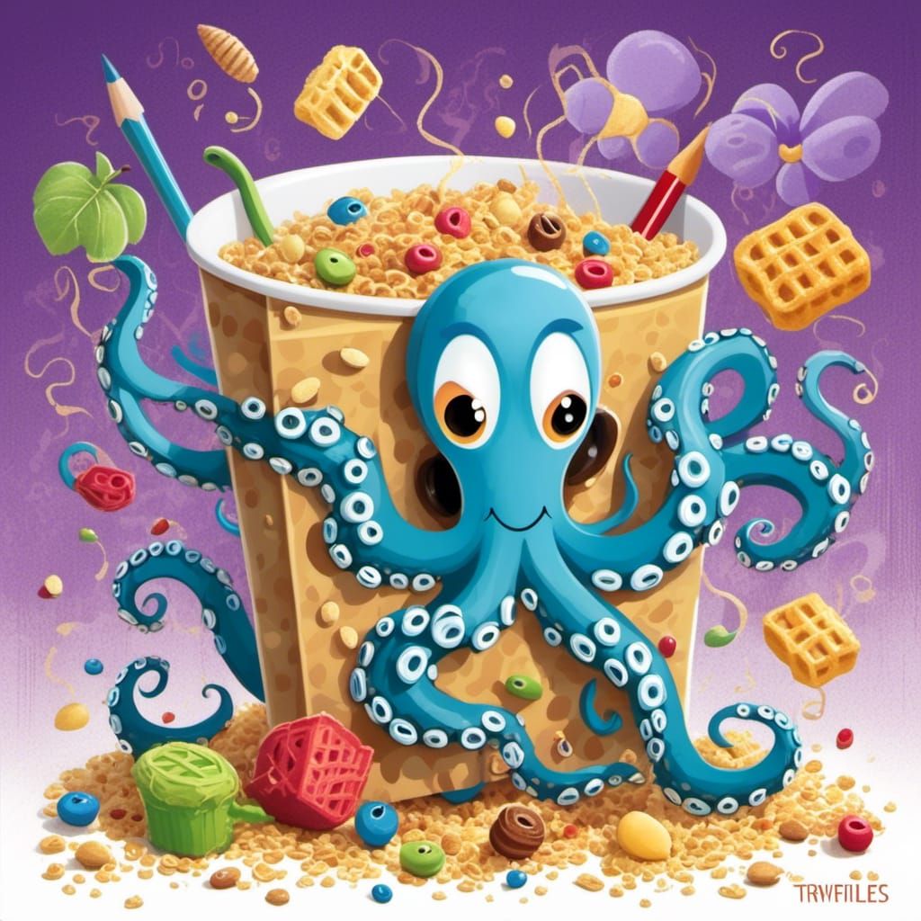 Mischievous Octopus Cartoon Mascot on Cereal Box