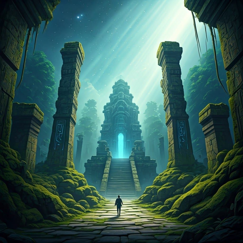 Ancient Jungle Temple with Glowing Runes and Cosmic Nebulae....