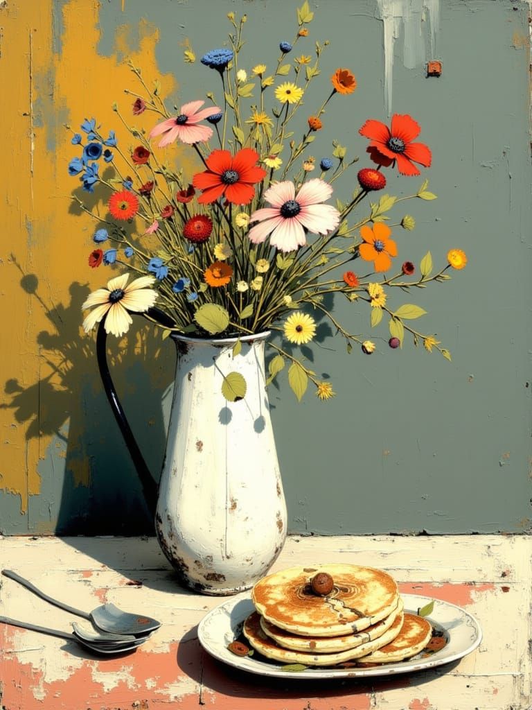 Pancakes and Flowers Still Life in Distinctive Artistic Styl...