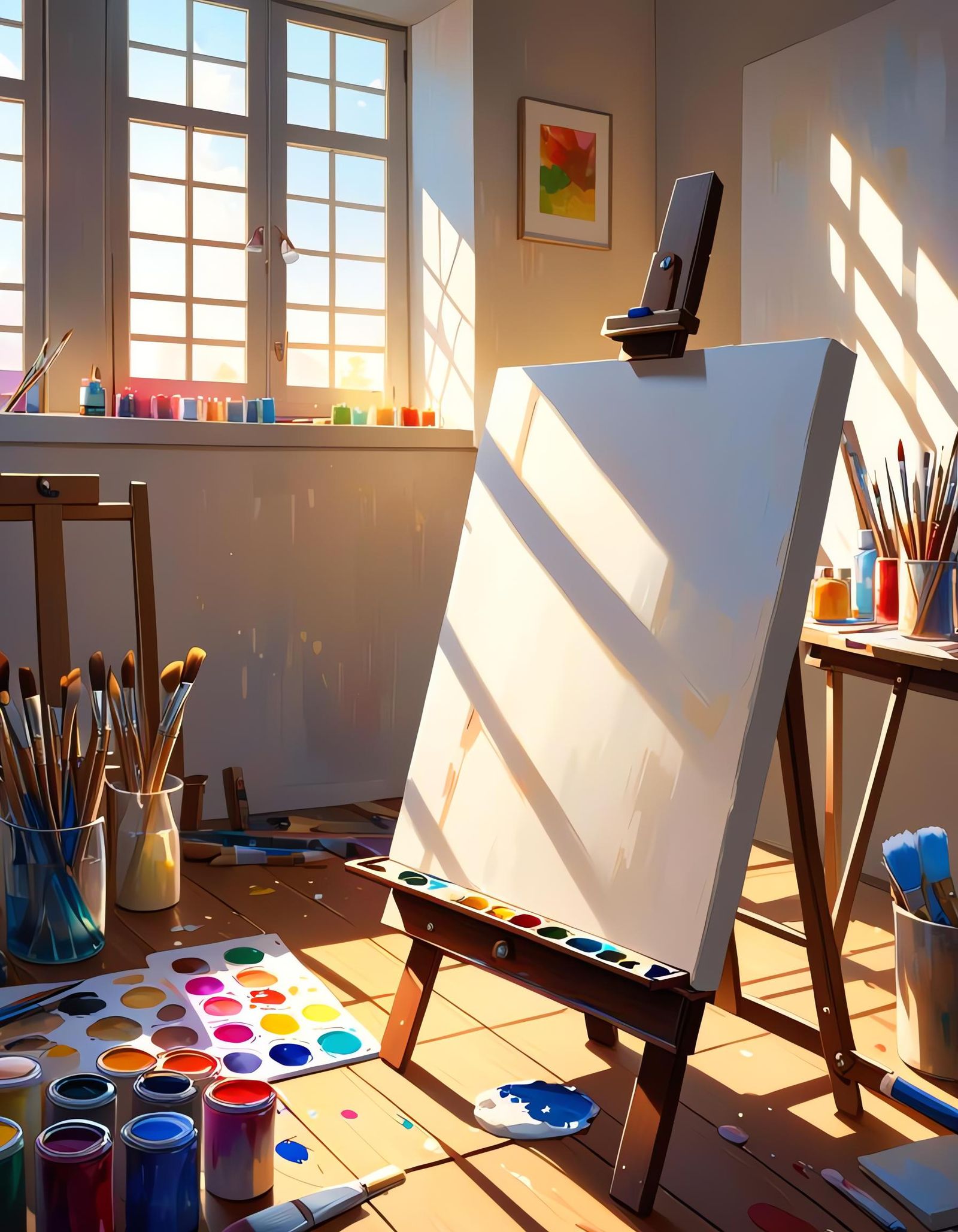 Blank Canvas in Art Studio with Vibrant Colors