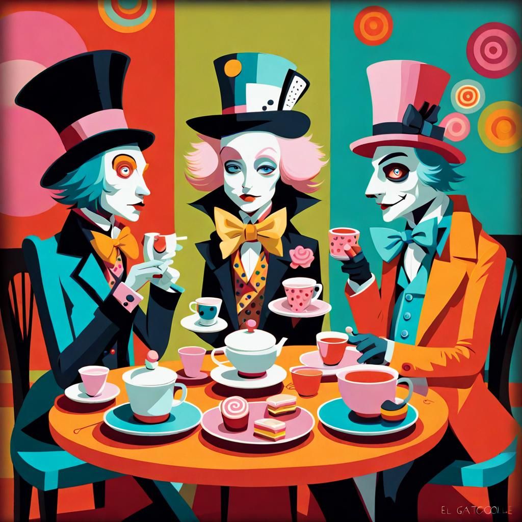 Whimsical Mad Hatter Tea Party in Lowbrow Art Style