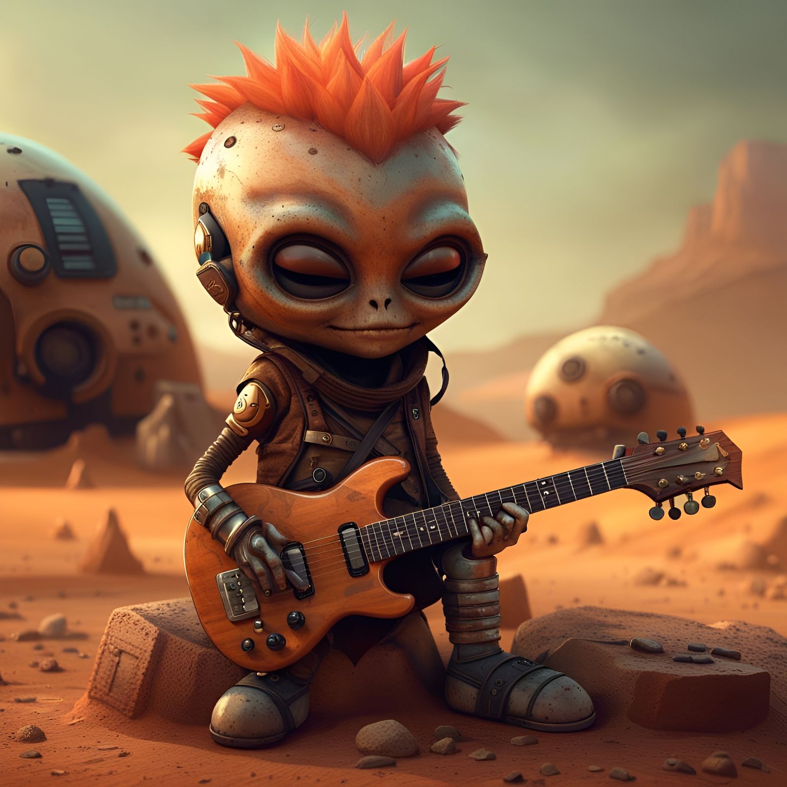 Chibi Alien Guitarist on Mars in Biopunk Style
